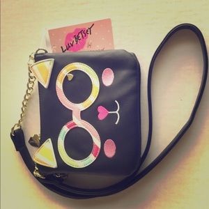 Purse black Luv Betsey Johnson. Cat with glasses